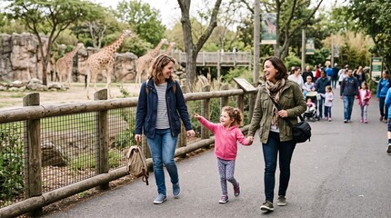 Fototapeta premium Family enjoys a day at the zoo, pointing at giraffes in their enclosure