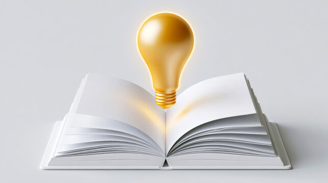 Glowing golden light bulb floating over an open blank book on a clean white background representing creativity, learning, and new ideas