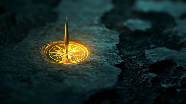 Glowing golden compass embedded in dark cracked rock, conceptual wayfinder and direction guiding light