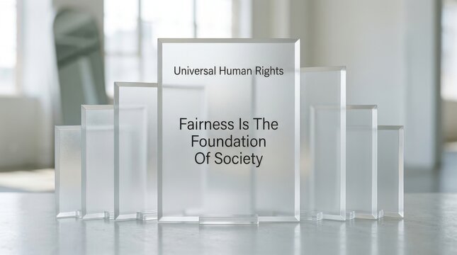 Frosted glass plaques with universal human rights and fairness is the foundation of society text stand in a bright office space representing core values of equality and justice for the