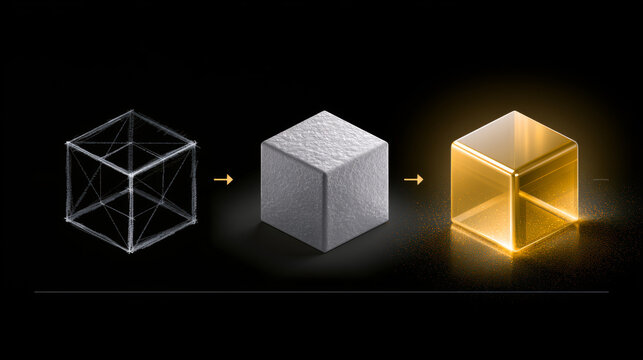 3D cube evolution process from wireframe sketch to clay model and final polished glowing gold glass render on black background