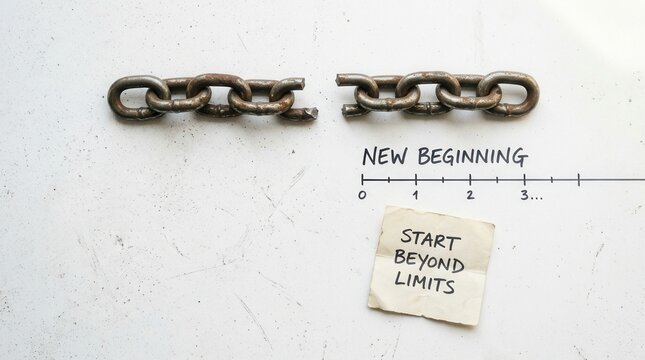 Broken rusty metal chain with motivation note and timeline scale representing liberation from obstacles and starting a fresh journey towards success beyond personal limits and past