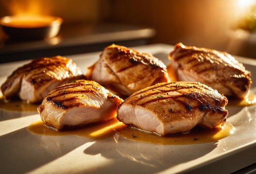 Golden seared pork loin medallions with grill marks and herb jus on white platter in warm sunlight