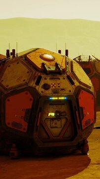 A rugged, metallic habitat rests on the surface of an alien world. It showcases advanced technology, glowing lights, and an eerie atmosphere as the sun casts a warm hue over the landscape.
