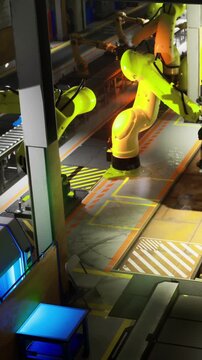 Brightly colored robotic arms operate efficiently in a bustling production line. The futuristic setting showcases technology merging with manual tasks, enhancing manufacturing speed.