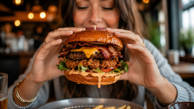 Juicy cheeseburger crispy bacon fried chicken lettuce tomato woman restaurant happy