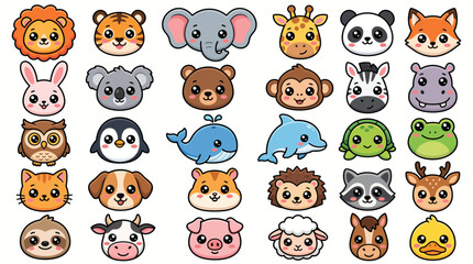 Obraz premium Vector illustration set of cute cartoon animal faces featuring a lion tiger elephant giraffe panda fox and many other creatures