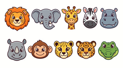 Obraz premium Colorful vector illustration featuring diverse collection of cute wild animal heads designed for children in a bright cartoon art style