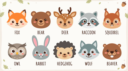 Fototapeta premium Adorable forest animals collection featuring cute cartoon faces of various woodland creatures designed as a colorful flat vector graphic illustration