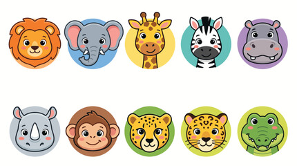 Fototapeta premium Vibrant vector illustration featuring ten colorful circular icons of cute safari animals displayed in a clean and organized grid layout