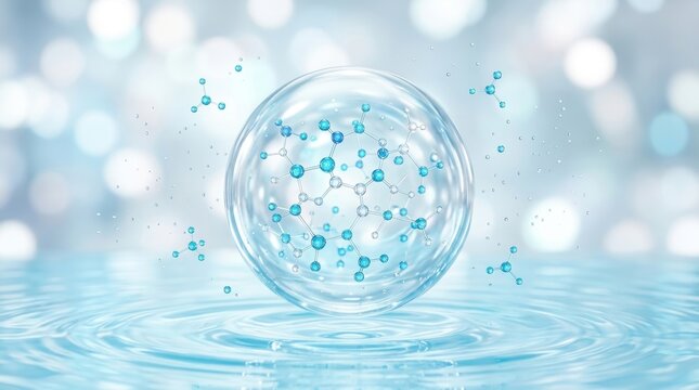 Scientific molecular structure inside transparent sphere floating above rippled water surface with bokeh background representing advanced laboratory research for medical and cosmetic applications.