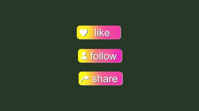 Animated social media button set featuring like follow and share icons in gradient style motion graphic design isolated on dark background for digital content creator usage.