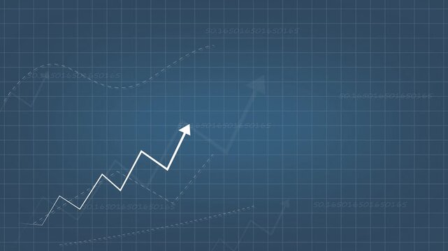 Stock market graph with upward arrow line indicating growth and financial success on digital blue grid background animated business data visualization for corporate presentation.
