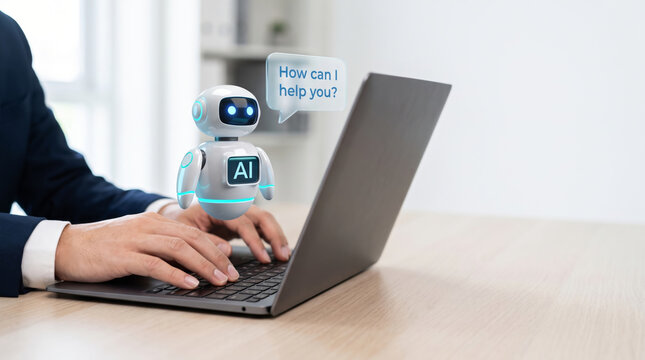 Ai chatbot customer support robot laptop Business worker type chatbot support ai customer service concept. Digital automation assistant. online communication conversation, client service interface