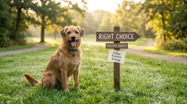 Cheerful scruffy brown dog sits on grass beside a wooden signpost with text right choice and positive energy in a bright sunny park setting, ideal for motivational and wellness marketing materials