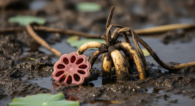 Intricate Cross-Section of a Fresh Lotus Root Seed Pod in Muddy Water