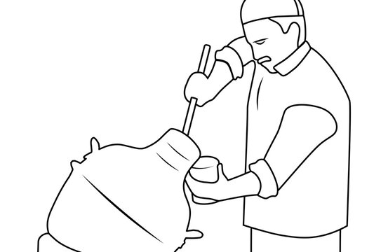 Traditional Middle Eastern cooking scene featuring a man stirring a large pot of fava beans with a ladle.