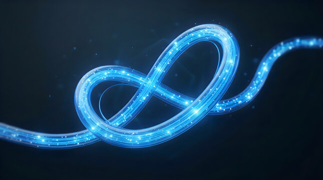 Intertwined love heart shape made of shiny blue neon light glow on dark background