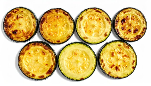 Sliced, grilled rounds of yellow squash arranged in two rows