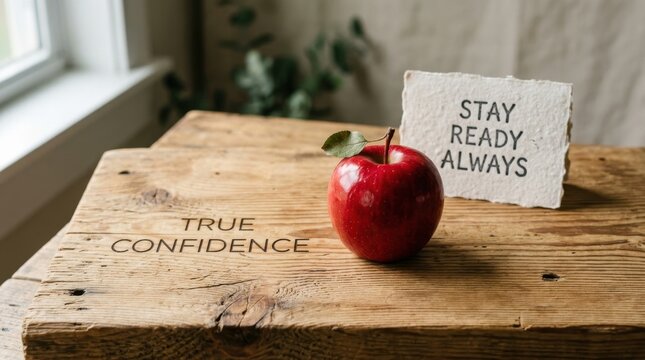 Fresh red apple sits on a rustic wooden table engraved with the words true confidence and a small note saying stay ready always. This represents health and motivational mindset for daily life success.