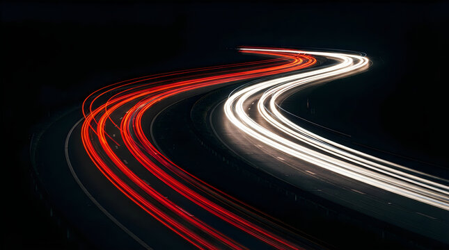 Long exposure light trails of cars on a curved road at night