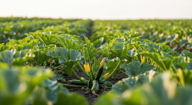 Rows of young zucchini plants growing abundantly in a sunny agricultural field, showcasing fresh produce.