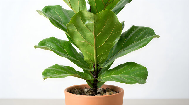 Green houseplant with large leaves in a terracotta pot on a stand