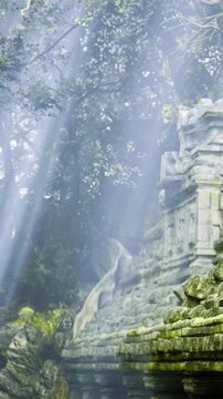 Soft rays of sunlight break through the mist, illuminating ancient stone ruins surrounded by vibrant greenery. Natures beauty embraces this hidden historical treasure.