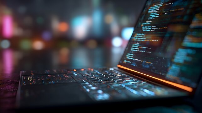 futuristic holographic laptop coding screen, cyberpunk neon lights, dramatic perspective
