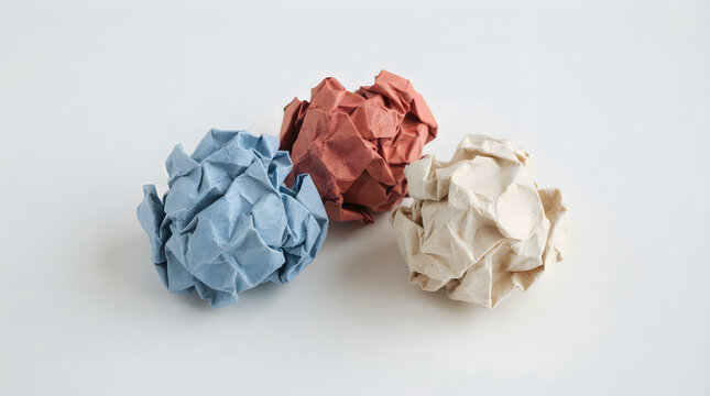 Crushed paper flowers in blue, red, and beige colors folded and creased