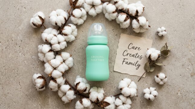 Mint green baby bottle surrounded by natural cotton bolls on a rustic stone background with a paper note saying Care Creates Family, perfect for newborn care and eco friendly parenting concepts today.