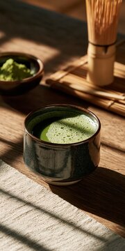 竹の茶筅と抹茶粉末が並ぶ和モダンな器に注がれた本格的な抹茶のクローズアップ