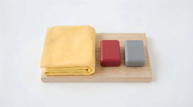 Folded yellow towel with red and gray soap bars on wooden tray