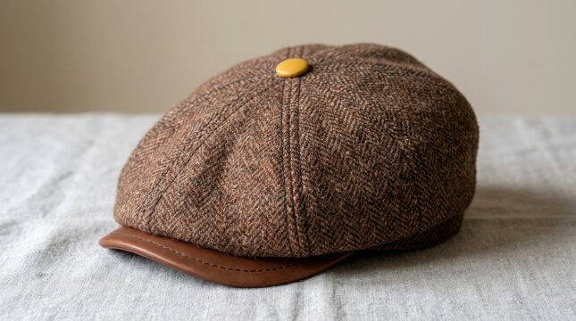 Brown newsboy cap on a textured surface. Vintage style flat hat for classic fashion.