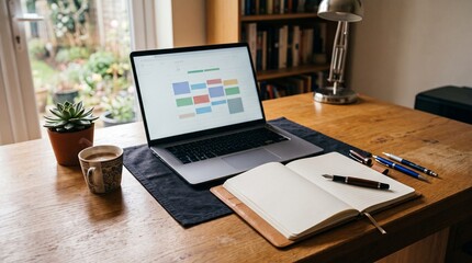 Naklejka premium Home office desk setup with laptop, notebook, pens, and coffee cup with garden view