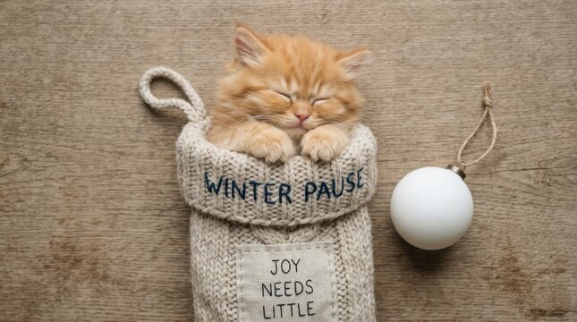 Small ginger kitten sleeping peacefully inside a cozy knitted winter stocking on a rustic wooden surface, featuring festive holiday decorations and a white ornament for a warm seasonal