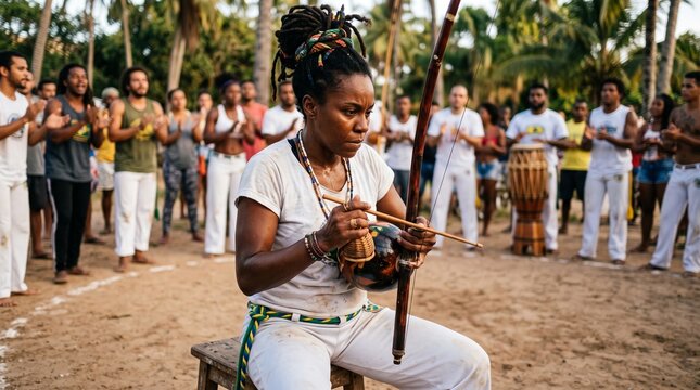 Woman playing berimbau during capoeira roda with audience clapping and a drum in background