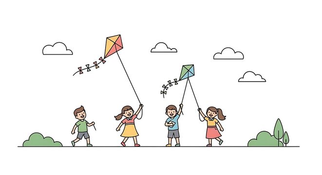 Children playing with kites in a park illustration.