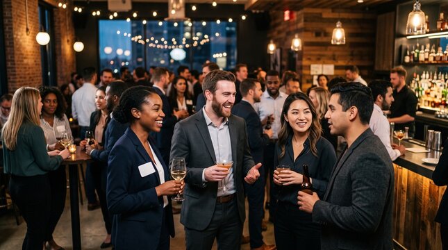 Diverse group of professionals networking and socializing at a sophisticated evening event