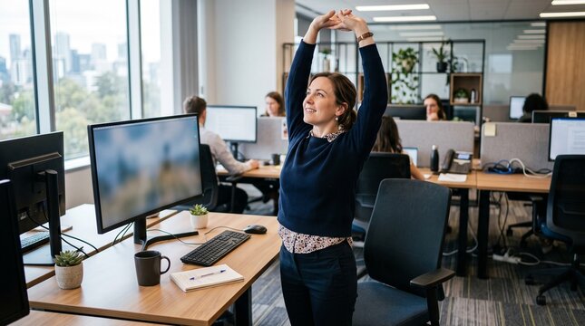 Woman stretching arms overhead at her desk in a modern office with city view