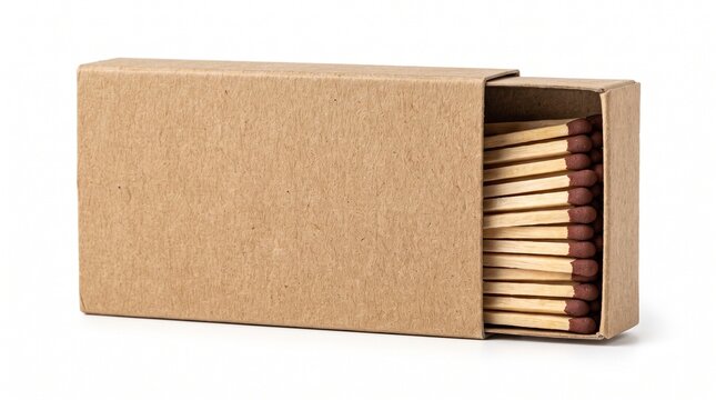 Open cardboard matchbox filled with wooden matches with red tips