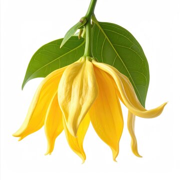 A single, drooping yellow flower with green leaves, against white