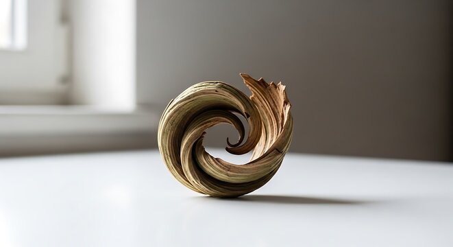 Close up of a spiral seashell on a windowsill.
