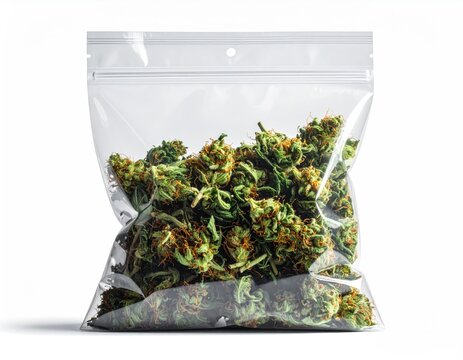 Clear plastic bag filled with dried herbal buds and orange pistils