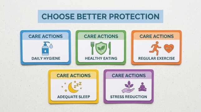 Colorful infographic displaying five essential care actions for health protection including daily hygiene, regular exercise, healthy eating, adequate sleep, stress reduction, ideal for wellness goals.