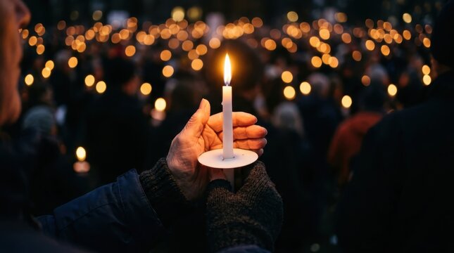 Close up of hands holding a lit candle during a solemn candlelight vigil at night with a blurred crowd of people in the background gathered for a memorial service or a peaceful protest for unity now.