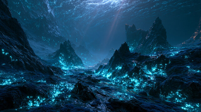 the deepest point of an ocean trench, absolute darkness illuminated only by glowing bioluminescent organisms, jagged rock formations, mysterious atmosphere.