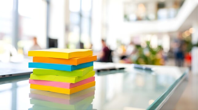 Stack of colorful sticky notes on a glass office desk with blurred background