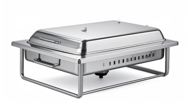 Gleaming stainless steel chafing dish with hinged lid, on stand