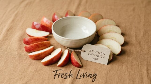 Freshly sliced red apple pieces arranged neatly in a circular pattern around an empty ceramic bowl on textured brown linen cloth featuring kitchen favorite labels perfect for a healthy snacks concept.